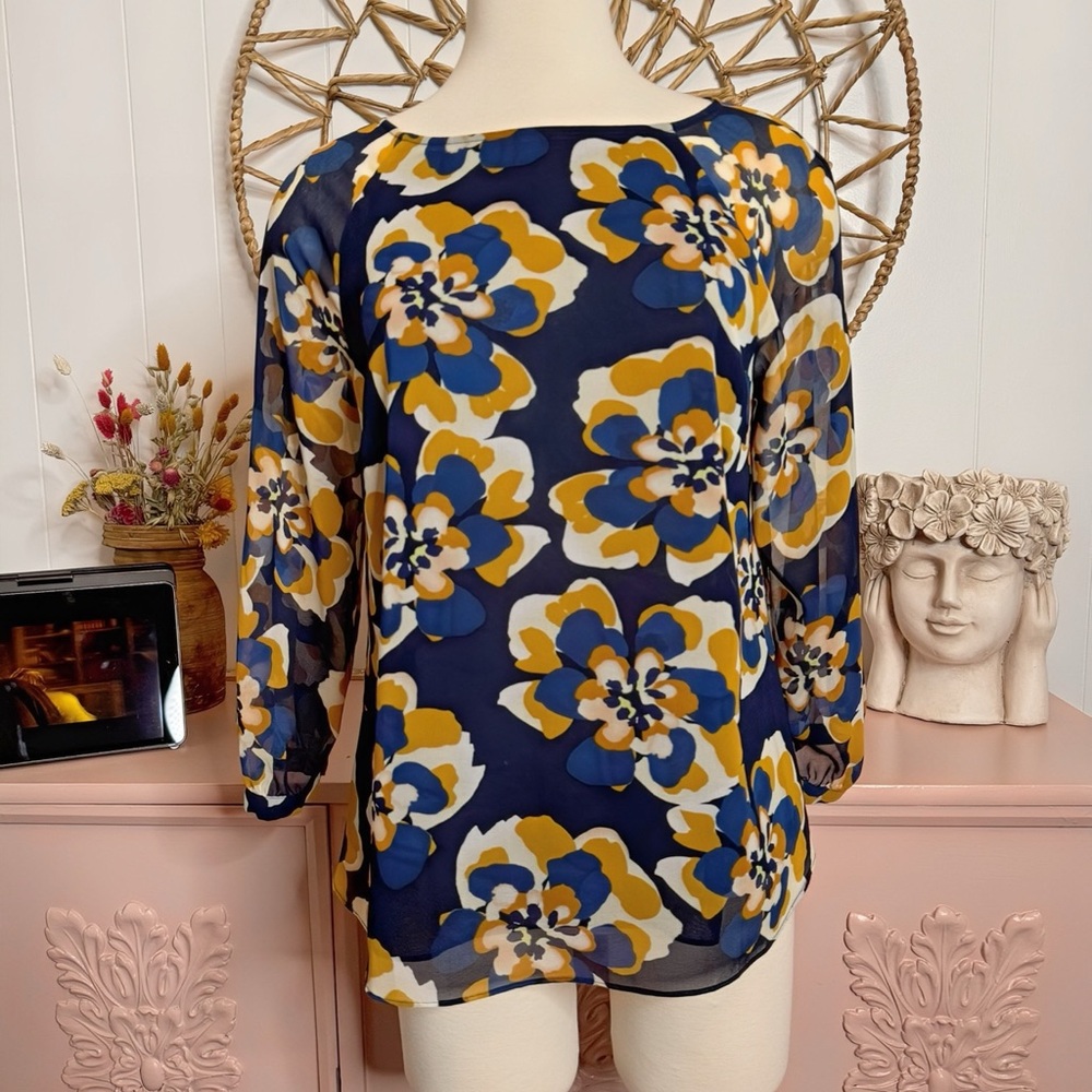 CAbi Small Navy and Yellow sheer Floral Blouse
